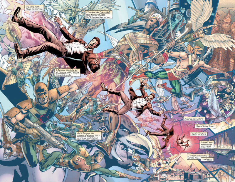 Carter Hall experiences a vision of his past lives as different variations of Hawkman.